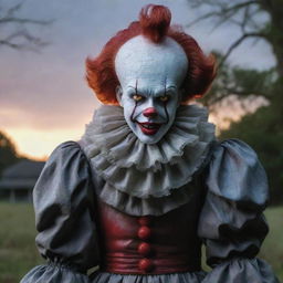 Visualize a uniquely appealing Pennywise the Clown, made tall and surprisingly handsome, yet carrying an unsettling charm in a dramatic dusk-lit landscape.