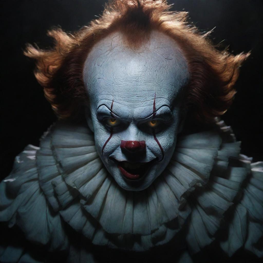 Pennywise the Clown caught in the spectral spectacle of shape-shifting, his form swirling and morphing amidst a shadowy, spectral backdrop.