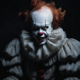 Pennywise the Clown caught in the spectral spectacle of shape-shifting, his form swirling and morphing amidst a shadowy, spectral backdrop.