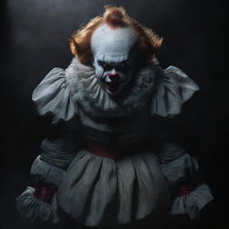 Pennywise the Clown caught in the spectral spectacle of shape-shifting, his form swirling and morphing amidst a shadowy, spectral backdrop.