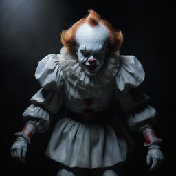 Pennywise the Clown caught in the spectral spectacle of shape-shifting, his form swirling and morphing amidst a shadowy, spectral backdrop.