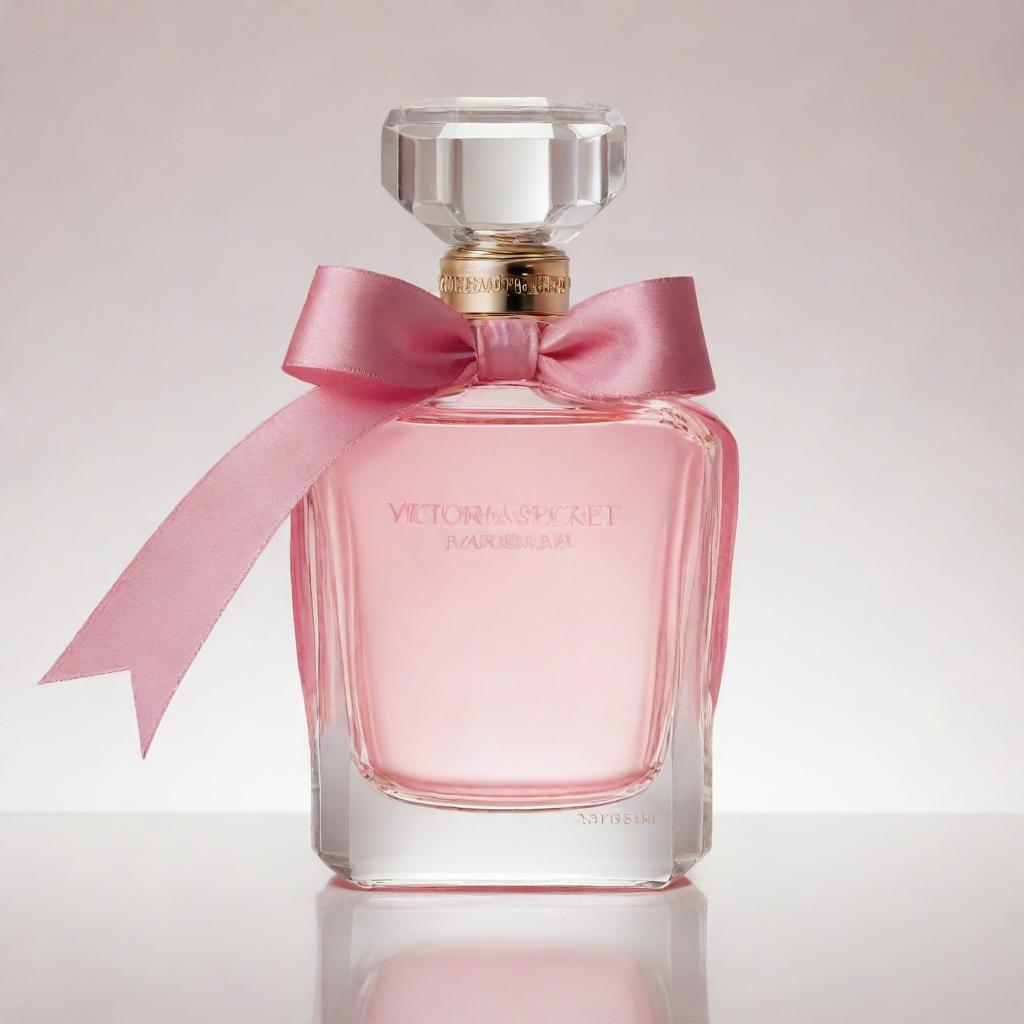 Victoria Secret perfume bottle with transparent glass and a detailed pink ribbon. It sits in the center of a white-background emitting a soft glow.