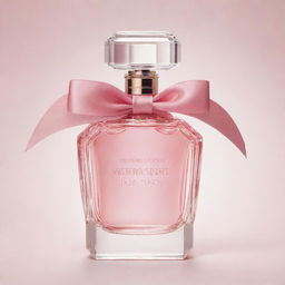 Victoria Secret perfume bottle with transparent glass and a detailed pink ribbon. It sits in the center of a white-background emitting a soft glow.