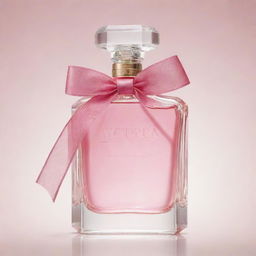 Victoria Secret perfume bottle with transparent glass and a detailed pink ribbon. It sits in the center of a white-background emitting a soft glow.