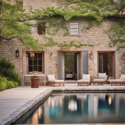 A serene poolside scene at a rustic stone house, surrounded by luscious greenery. The elements are arranged in a pleasing composition that highlights the architectural beauty of the house.