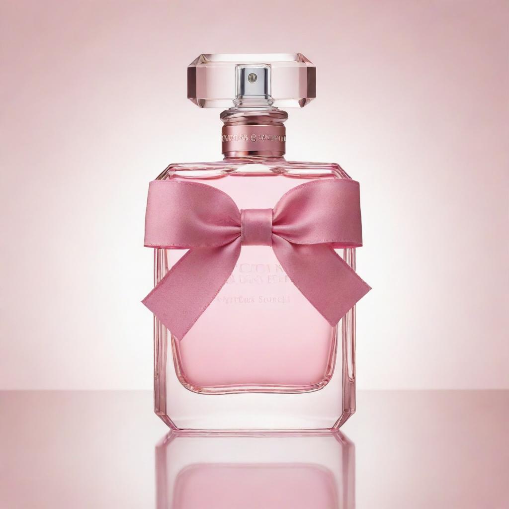 Victoria Secret perfume bottle with transparent glass and a detailed pink ribbon. It sits in the center of a white-background emitting a soft glow.