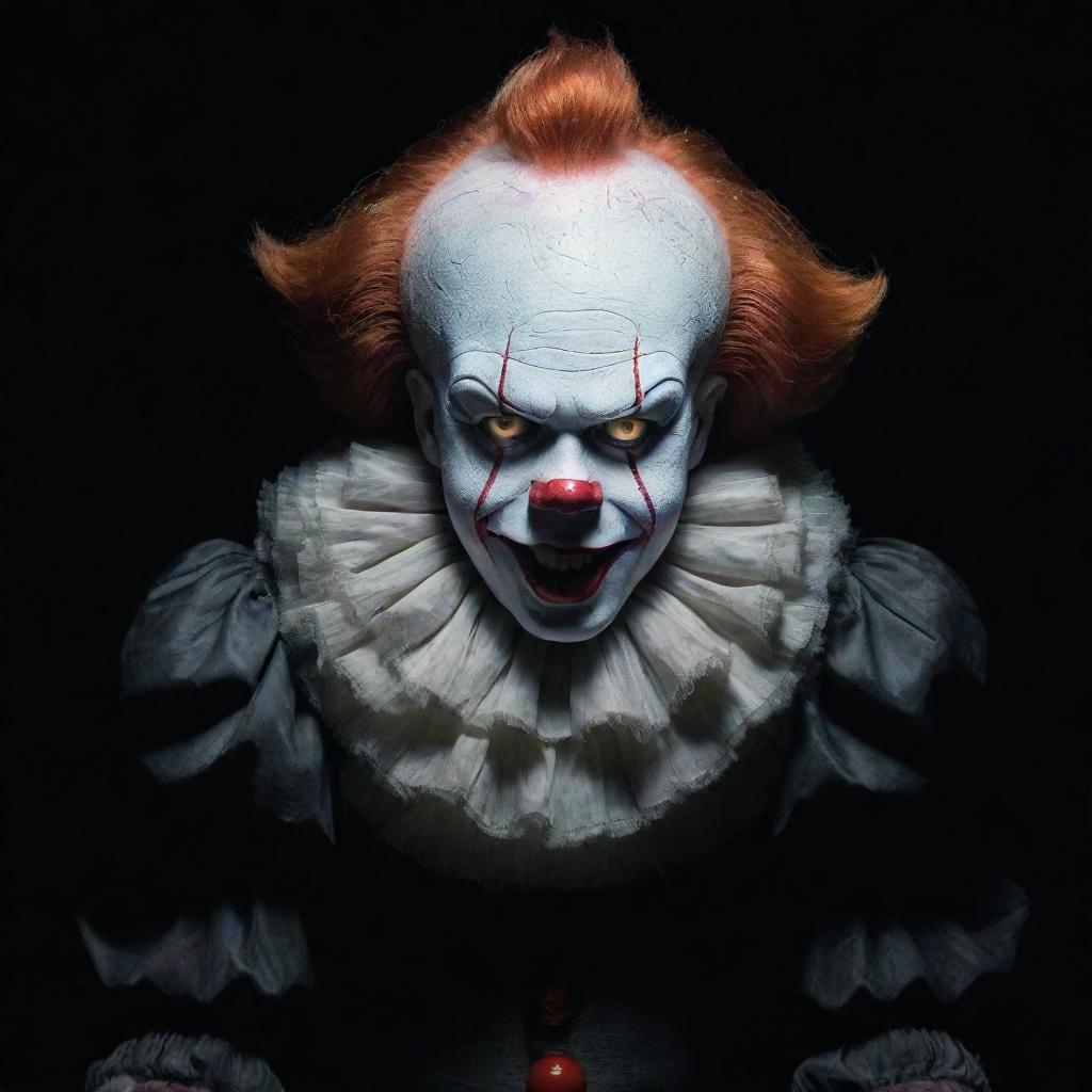 Depict Pennywise the Clown in a surreal process of shape shifting, his traditionally chilling form transitioning into a mysterious black cat.