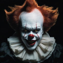 Depict Pennywise the Clown in a surreal process of shape shifting, his traditionally chilling form transitioning into a mysterious black cat.