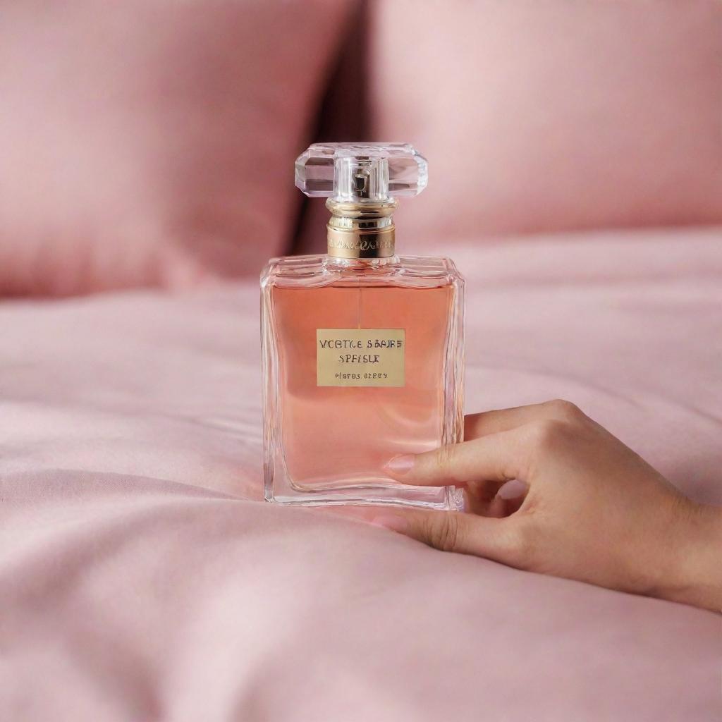 Victoria's Secret perfume bottle elegantly placed on a detailed hand, resting on a well-made bed.