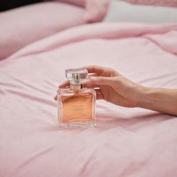 Victoria's Secret perfume bottle elegantly placed on a detailed hand, resting on a well-made bed.