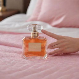 Victoria's Secret perfume bottle elegantly placed on a detailed hand, resting on a well-made bed.