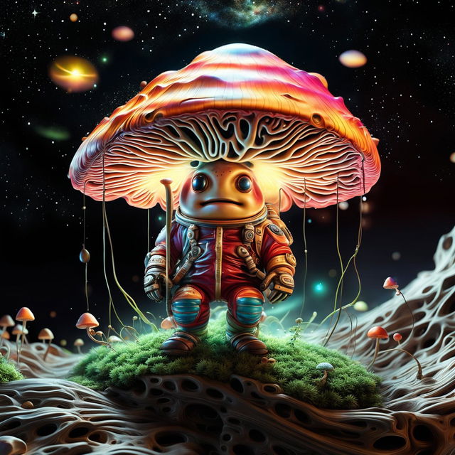 Place the hyper-realistic, intricately detailed, and psychedelic anthropomorphic mushroom character floating in the vastness of outer space.