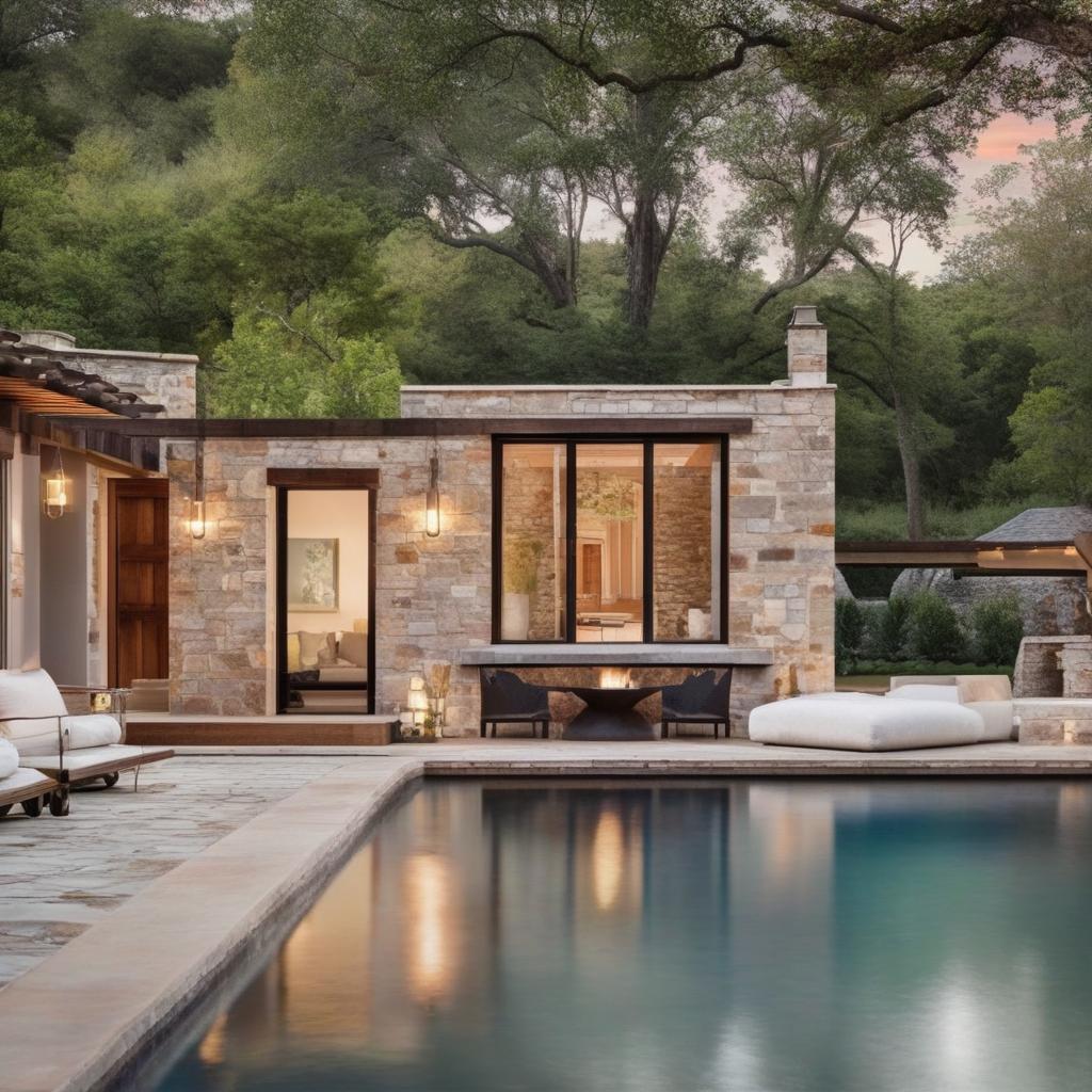 A serene poolside scene at a rustic stone house, surrounded by luscious greenery. The elements are arranged in a pleasing composition that highlights the architectural beauty of the house.