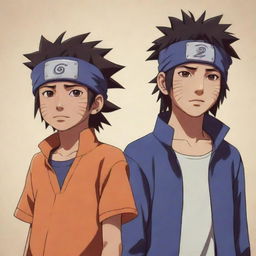 A brown boy in Naruto art style, adorned with a Konoha headband, standing next to Uchiha Sasuke.