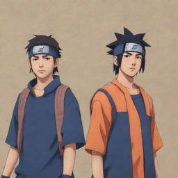 A brown boy in Naruto art style, adorned with a Konoha headband, standing next to Uchiha Sasuke.