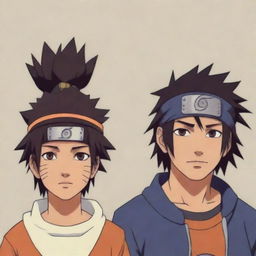 A brown boy in Naruto art style, adorned with a Konoha headband, standing next to Uchiha Sasuke.