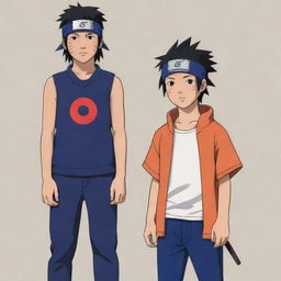 A brown boy in Naruto art style, adorned with a Konoha headband, standing next to Uchiha Sasuke.