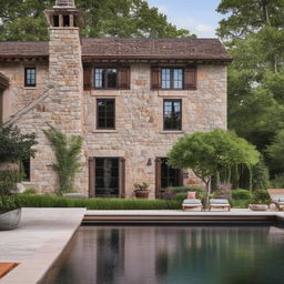 A serene poolside scene at a rustic stone house, surrounded by luscious greenery. The elements are arranged in a pleasing composition that highlights the architectural beauty of the house.