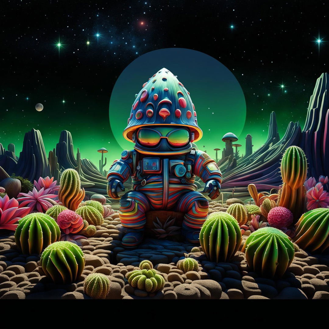 Transform the scene, swapping the anthropomorphic mushroom with an equally intricate and psychedelic anthropomorphic cactus character, floating in the vastness of outer space.