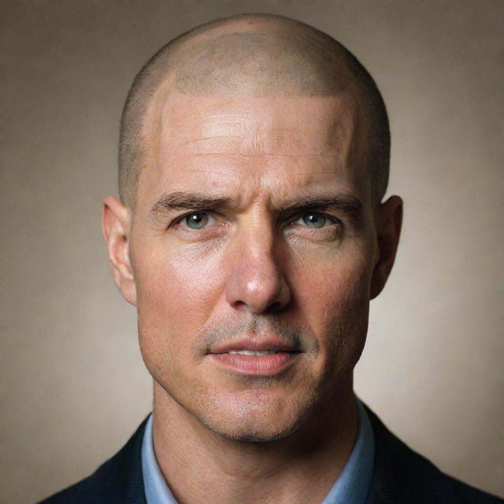 A portrait of Tom Cruise depicted with a bald head.