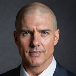 A portrait of Tom Cruise depicted with a bald head.