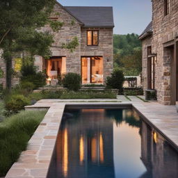 A serene poolside scene at a rustic stone house, surrounded by luscious greenery. The elements are arranged in a pleasing composition that highlights the architectural beauty of the house.