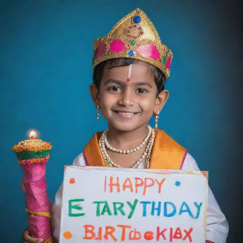 Young Lord Krishna in traditional attire, holding a brightly colored board that reads 'Happy Birthday' with a gentle smile on his face.