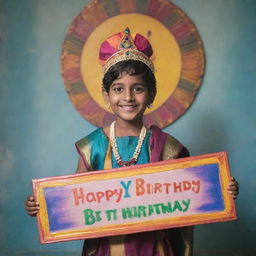 Young Lord Krishna in traditional attire, holding a brightly colored board that reads 'Happy Birthday' with a gentle smile on his face.