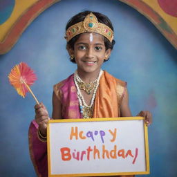 Young Lord Krishna in traditional attire, holding a brightly colored board that reads 'Happy Birthday' with a gentle smile on his face.