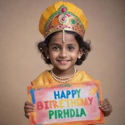 Young Lord Krishna in traditional attire, holding a brightly colored board that reads 'Happy Birthday' with a gentle smile on his face.