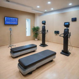 A state-of-the-art sports center equipped with the latest blood pressure monitoring gadgets. Show a blend of sporty environment and the medical monitoring setup.