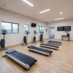 A state-of-the-art sports center equipped with the latest blood pressure monitoring gadgets. Show a blend of sporty environment and the medical monitoring setup.