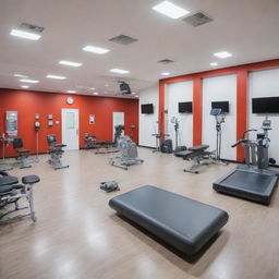 A state-of-the-art sports center equipped with the latest blood pressure monitoring gadgets. Show a blend of sporty environment and the medical monitoring setup.