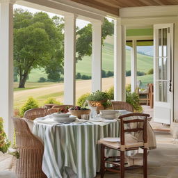 An alfresco dining setup at a picturesque country home with a view of sprawling rolling hills. The image showcases the charm of rural architecture and idyllic scenery.