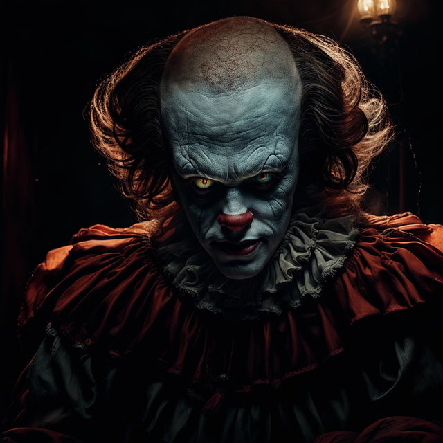 An extremely detailed and handsome portrait of Pennywise with intricate features, enhanced with dramatic lighting.