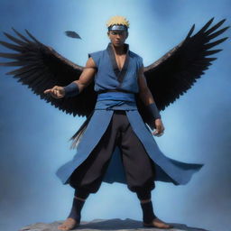 In Naruto's art style, render a light-skinned black man in a poised-for-battle stance, accompanied by a majestic eagle in the background enshrouded in a mystical blue haze.