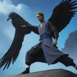 In Naruto's art style, render a light-skinned black man in a poised-for-battle stance, accompanied by a majestic eagle in the background enshrouded in a mystical blue haze.