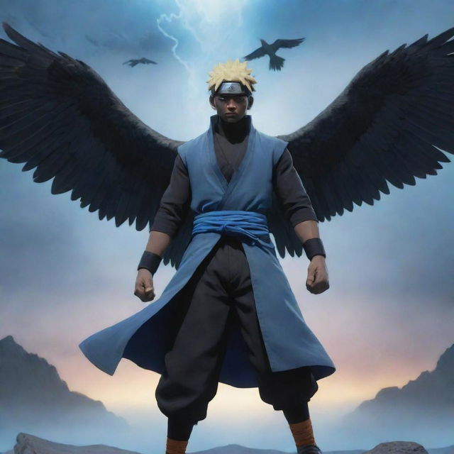 In Naruto's art style, render a light-skinned black man in a poised-for-battle stance, accompanied by a majestic eagle in the background enshrouded in a mystical blue haze.