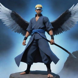 In Naruto's art style, render a light-skinned black man in a poised-for-battle stance, accompanied by a majestic eagle in the background enshrouded in a mystical blue haze.