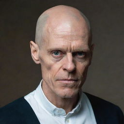 A portrait of Willem Dafoe depicted with a bald head.