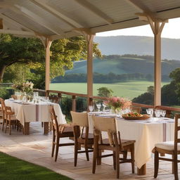 An alfresco dining setup at a picturesque country home with a view of sprawling rolling hills. The image showcases the charm of rural architecture and idyllic scenery.