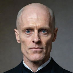 A portrait of Willem Dafoe depicted with a bald head.