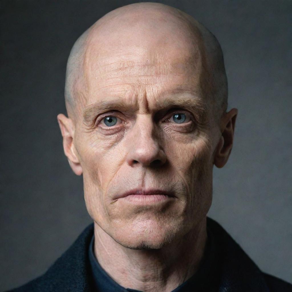 A portrait of Willem Dafoe depicted with a bald head.