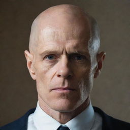 A portrait of Willem Dafoe depicted with a bald head.