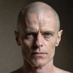 A portrait of Willem Dafoe depicted with a fully shaved head.