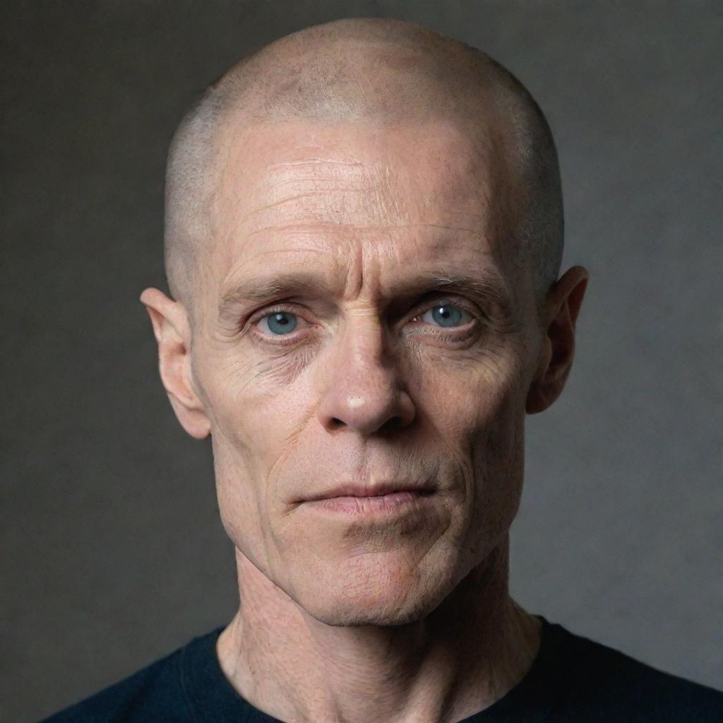 A portrait of Willem Dafoe depicted with a fully shaved head.