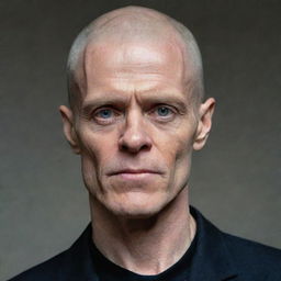 A portrait of Willem Dafoe depicted with a fully shaved head.