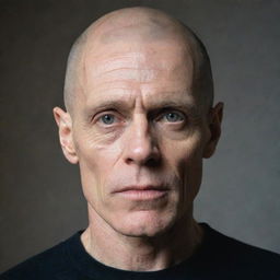 A portrait of Willem Dafoe depicted with a fully shaved head.