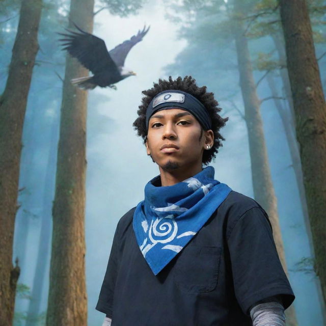 A black, light-skinned man in Naruto art style, wearing a Konoha bandana in a forest, with a blue haze enveloping him. An eagle soars behind him.