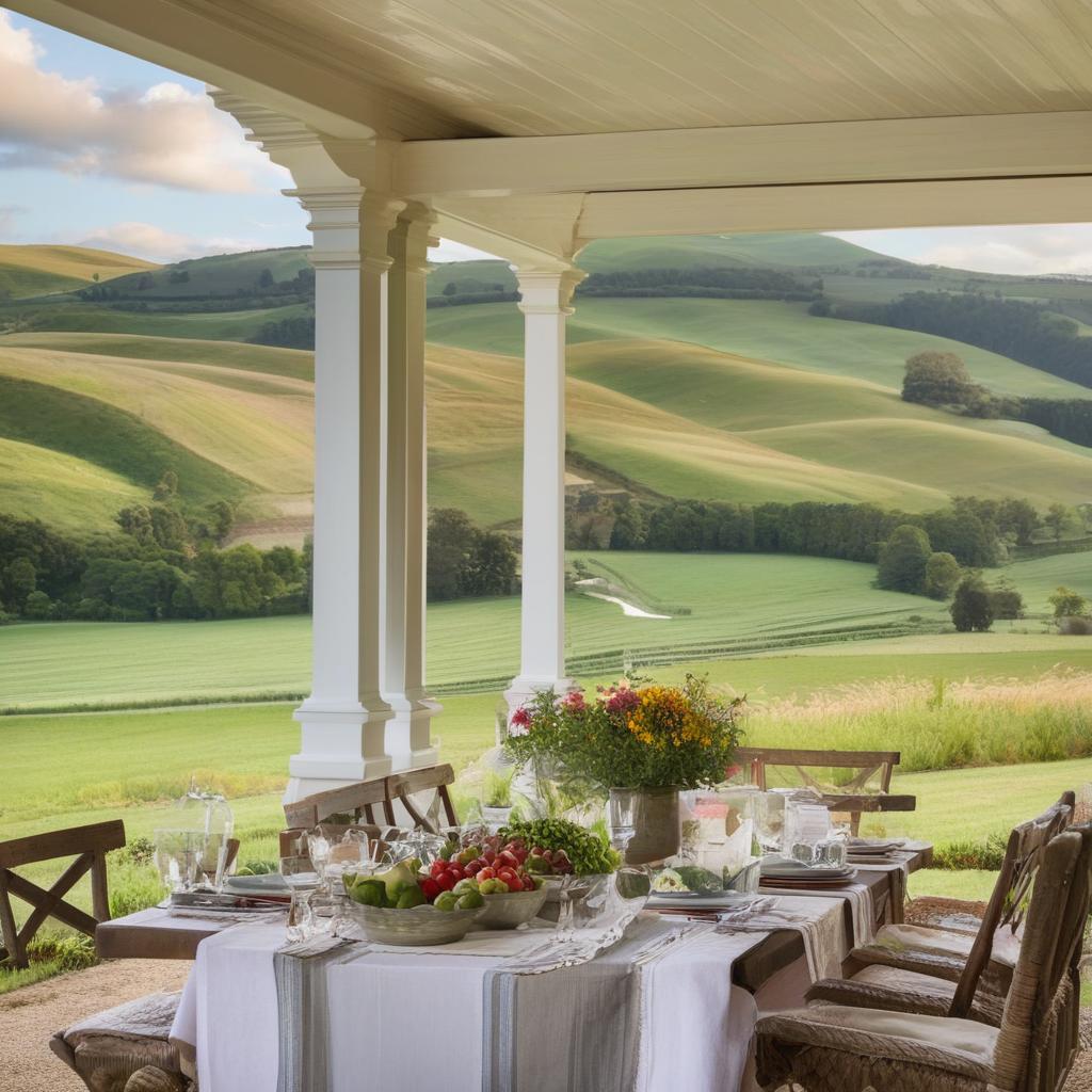 An alfresco dining setup at a picturesque country home with a view of sprawling rolling hills. The image showcases the charm of rural architecture and idyllic scenery.